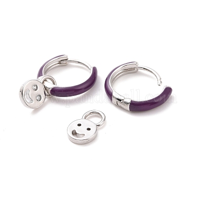 Серьги-кольца с прозрачным кубическим цирконием и улыбающимся лицом с эмалью EJEW-C030-13P-1