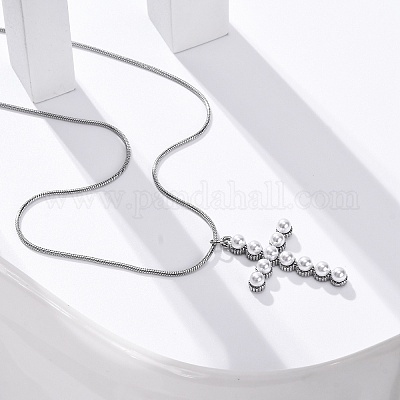 304 нержавеющая сталь и пластиковый жемчуг крест кулон круглая змея цепи ожерелья для женщин STAS-Z114-20P-1