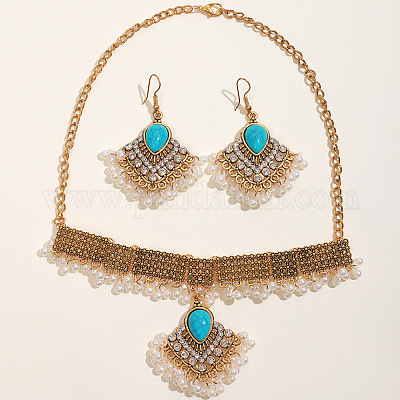 Комплекты серег и ожерелий из сплава ромбов и синтетической бирюзы в стиле бохо WG86A2C-08-1