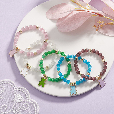 Эластичный браслет с круглыми бусинами и кошачьим глазом BJEW-JB09329-1