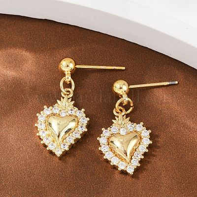 Серьги-гвоздики в форме сердца из латуни с микропаве из прозрачных кубических цирконий EJEW-F895-14G-1