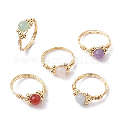 Женское кольцо на палец из медной проволоки с натуральным драгоценным камнем RJEW-JR00624-1