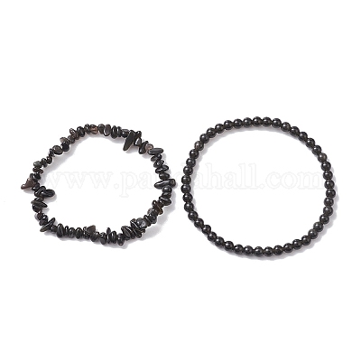 Женские эластичные браслеты с чипсами и круглыми бусинами из натурального обсидиана BJEW-JB10189-02-1