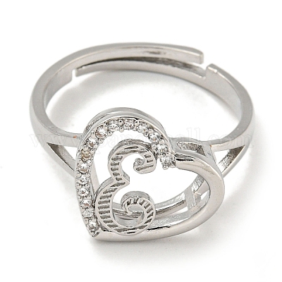 Сердце с буквой стойка покрытие латунь микро паве кубический цирконий регулируемые кольца для женщин RJEW-I105-06P-E-1