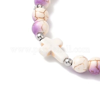 Браслеты из синтетических бирюзовых бусин круглой и крестообразной формы с запекаемой краской для мужчин и женщин BJEW-JB12339-01-1