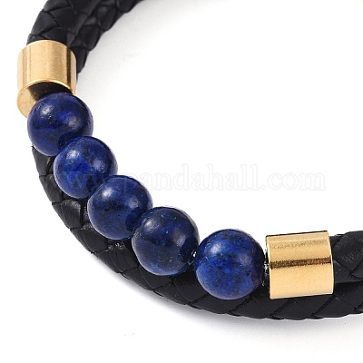 Многопрядные браслеты из кожаного шнура с круглыми бусинами из смешанных камней BJEW-A009-10G-1