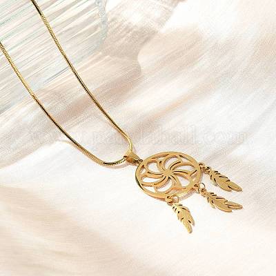 Ожерелья из цветочной плетеной сетки/паутинки из нержавеющей стали Bohemian 201 с подвесками в виде перьев NJEW-P327-07G-B-1