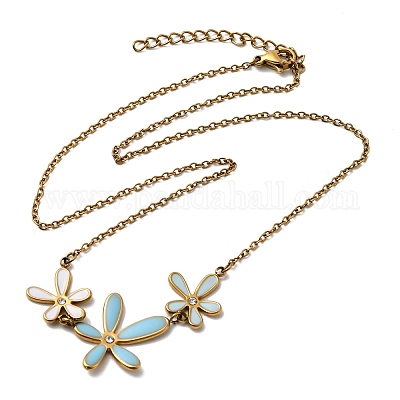 Женское ожерелье с тремя цветами из нержавеющей стали 304 с небесно-голубой эмалью и хрустальными стразами NJEW-G181-01G-1