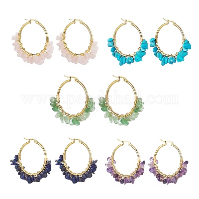 Серьги-кольца с бисером и кристаллами драгоценных камней EJEW-JE05177-1