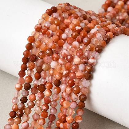 天然石赤瑪瑙ビーズ連売り ラウンド 多面カット 3~3.5mm 穴：0.6mm 約