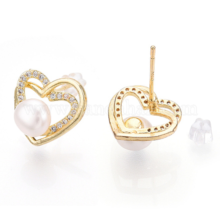 Orecchini a bottone a cuore cavo con zirconi chiari e perla naturale PEAR-N020-06L-1