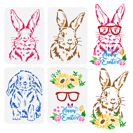 FINGERINSPIRE 4PCS Rabbit Painting Stencils 11.7x8.3 inch Happy Easter Decoration Plastic Long-Eared Rabbit Stencil Sunflower Leaves Glasses Easter Egg Art Craft Stencil for Wall Tiles Home Decor DIY-WH0383-0043-1