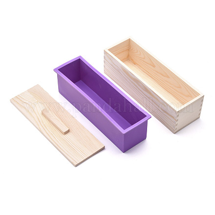 長方形の松の木石鹸型セット  シリコンモールド付き  木箱とカバー  DIY手作りパン石鹸型作りツール  青紫色  28x8.9x10.4cm  内径：7x25.9のCM  3個/セット DIY-F057-03B-1