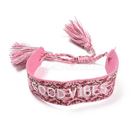 Word Good Vibes Polycotton(Polyester Cotton) Braided Bracelet with Tassel Charm BJEW-F429-02-1