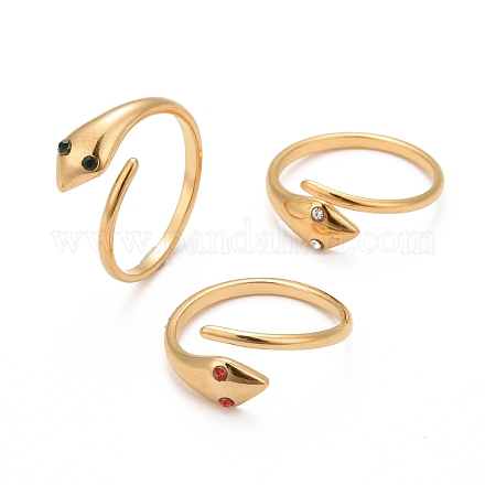Ion Plating(IP) 304 Stainless Steel Snake Wrap Open Cuff Ring with Rhinestone for Women RJEW-E062-B03-G-1