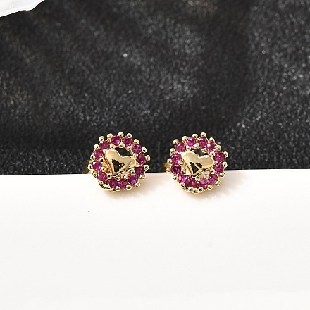 Плоские круглые серьги-гвоздики с сердечками из латуни с микропаве из кубического циркония EJEW-A135-06G-1