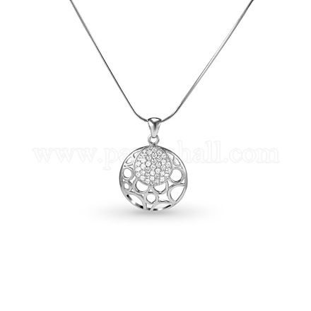 TINYSAND 925 Sterling Silver Hollow Flat Round Rhinestone Pendant Necklaces TS-N157-S-16-1