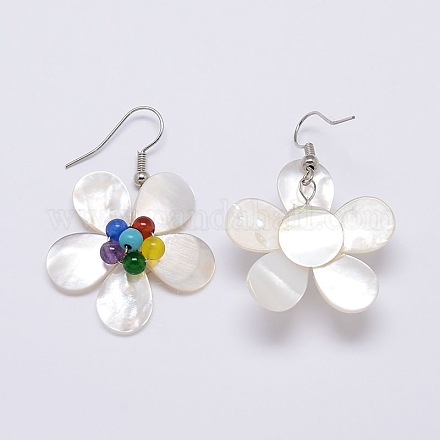 Natural Pearl Shell Flower Dangle Earrings EJEW-E144-E01-02D-1