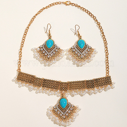 Комплекты серег и ожерелий из сплава ромбов и синтетической бирюзы в стиле бохо WG86A2C-08-1