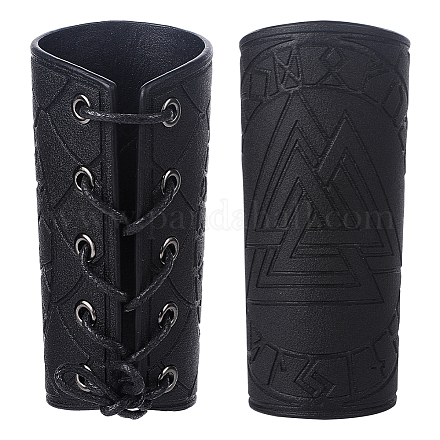 GORGECRAFT 2PCS Leather Gauntlet Wristband Medieval Armor Bracers Viking Odin Runes Valknut Embossed Leather Arm Guard Adjustable Black Armband Armor Cuff for Halloween Adult Knight Warrior Cosplay AJEW-WH0165-38A-1