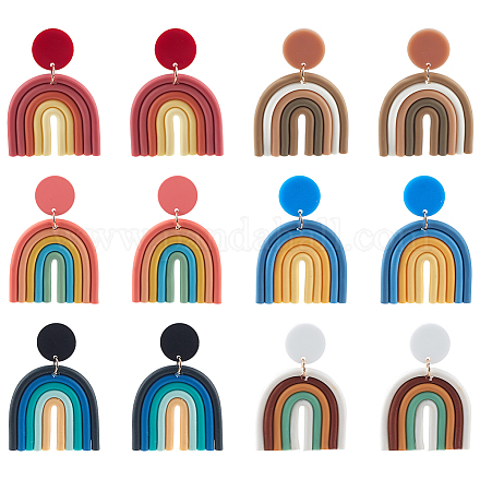 6 пара двухцветных сережек-гвоздиков из полимерной глины в форме арки для женщин EJEW-AN0004-33-1