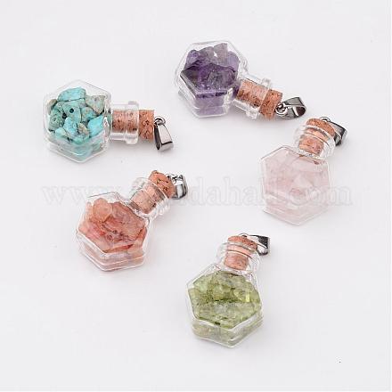 Hexagon Glass Bottle with Gemstone inside Pendants PALLOY-JF00171-1