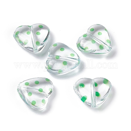透明なアクリルビーズ  水玉柄の心  透明  グリーン  15.5x17.5x6mm  穴：1.7mm OACR-C009-05A-1