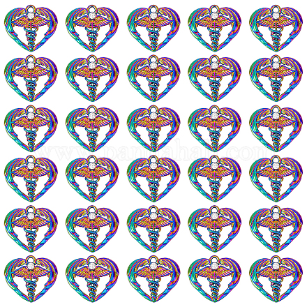 Dicosmétique 30 pièces breloques coeur breloques caducée coeur creux breloques d'infirmière médicale couleur arc-en-ciel fée avec breloques strass pendentifs d'amour pendentifs en alliage pour la fabrication de bijoux FIND-DC0003-14-1