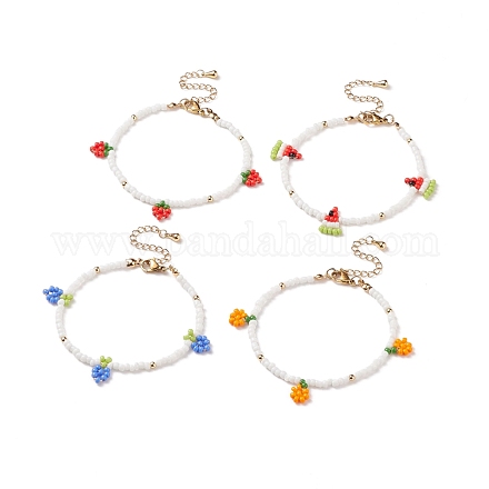 4Pcs 4 Style Glass Seed Braided Strawberry & Grape & Orange & Strawberry Charms Bracelet for Women BJEW-TA00140-1