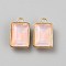 Alloy Glass Pendants, Rectangle, Faceted, Golden, Pink, 19x12x6mm, Hole: 1.8mm