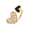 Brass Micro Pave Clear Cubic Zirconia Open Cuff Rings, Heart Enamel Ring for Women, Lead Free & Cadmium Free, Real 18K Gold Plated, Black, Inner Diameter: 17.2mm