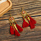 Alloy Oval Chandelier Earrings, with Glass Beads and Tassel, Golden, FireBrick, 102x32mm