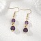 Natural Amethyst Round Dangle Earrings, with Brass & 304 Stainless Steel Earring Findings, Golden, 46.5x8.5mm