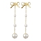Brass Bowknot Dangle Stud Earrings, Shell Pearl Beaded Long Drop Earrings, Golden, 52x14.5mm