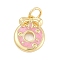 Brass Enamel Charms, with Jump Ring, Donut with Bowknot Charms, Long-Lasting Plated, Lead Free & Cadmium Free, Rack Plating, Real 18K Gold Plated, Pink, 13x10.5x3mm, Hole: 3mm