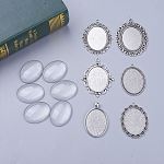 DIY Pendant Making, Tibetan Style Alloy Pendant Cabochon Settings and Oval Transparent Clear Glass Cabochons, Antique Silver, Oval Cabochon: 40x30mm, 6pcs/set