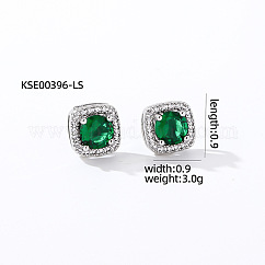 Boucles d'oreilles carrées élégantes en zircon pour femmes, à la mode et polyvalent, carrée, couleur d'argent, verte, 9x9mm