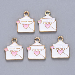 Colgantes de esmalte de aleación, sobre con corazón, la luz de oro, rosa perla, 16x13x1.5mm, agujero: 1.8 mm