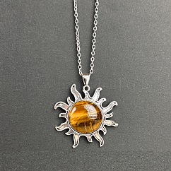Colliers vintage avec pendentif soleil en œil de tigre naturel et chaîne en alliage, platine, 19.69 pouce (50 cm)