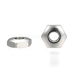 Anlaufgeschützte Abstandsperlen aus Edelstahl 304, Hexagon, Edelstahl Farbe, 5x5.7x2 mm, Bohrung: 1.8 mm