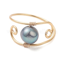 Кольца на палец из натурального жемчуга с медной проволокой&nbsp;RJEW-JR00979