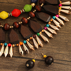Многослойное ожерелье из дерева и пластика и круглые серьги-подвески из бисера FS-WGCB179-01