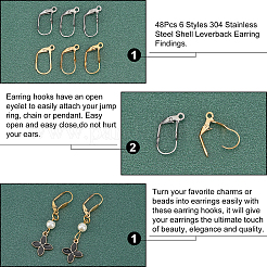 48個 6スタイル 304ステンレススチールシェルフレンチフックピアス金具  カン付き  ミックスカラー  19x10.5x5mm  穴：1.5mm  8個/スタイル&nbsp;STAS-PH0001-54