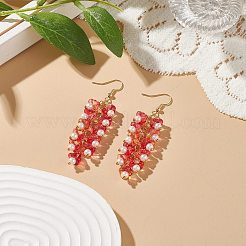 朝顔シェイプガラス＆イミテーションパールビーズダングルピアス  ゴールド ブラス クラスター ロング ドロップ イヤリング レディース  トマト  70mm  ピン：0.6mm&nbsp;EJEW-JE05100-01