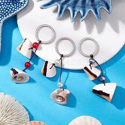 天然シヴァアイシェル＆アクリル模造真珠ペンダントキーチェーン3個  304ステンレススチール留め具付き  ミックスカラー  6.3~6.7cm&nbsp;KEYC-JKC00990