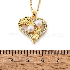 Латунный микропаве прозрачный кубический цирконий сердце с листом кулон ожерелья для женщин NJEW-S448-11G