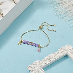 Rectángulo de semillas japonesas hechas a mano y pulsera deslizante con dijes de estrellas y borlas&nbsp;BJEW-MZ00013-03
