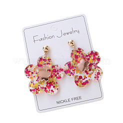 バレンタインデー用アクリルグリッターパウダー入りドロップスタッドピアス  花  ゴールドカラー  濃いピンク  43x35mm&nbsp;WG22978-02