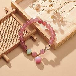 ナチュラル ストロベリー クォーツ & クォーツ クリスタル ラウンド ビーズ ストレッチ ブレスレット  女性のためのガラスの花のチャームを持つ宝石のブレスレット  ピンク  内径：2-1/8インチ（5.4cm）&nbsp;BJEW-JB09014