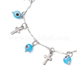 Браслеты на ногу ручной работы с подвесками в виде сглаза и цепочкой из нержавеющей стали 304 с перекрещивающимися звеньями и кисточками для женщин&nbsp;AJEW-AN00741-03